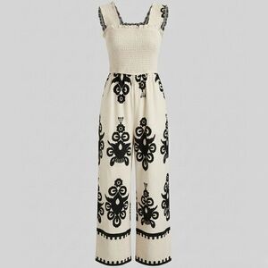 Boho Smocked Bodice Jumpsuit Wide Leg Paisley Print cream & black, S-M (stretch)